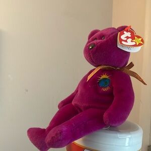 New ! TY “Millennium” Purple Plush Bear with Ribbon
